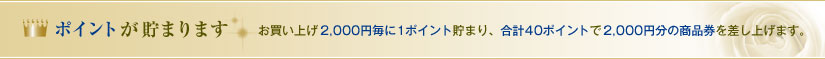 ポイントが貯まります お買い上げ2,000円毎に1ポイント貯まり、合計40ポイントで2,000円分の商品券を差し上げます。